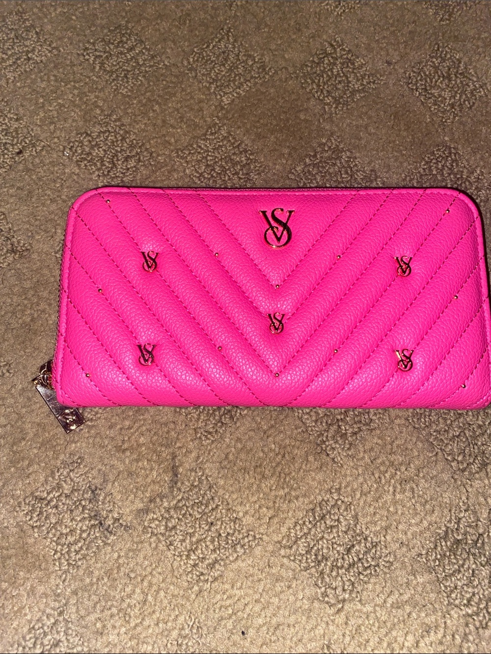 Victoria's Secret Hot Pink Quilted Zip Wallet with Gold Logos